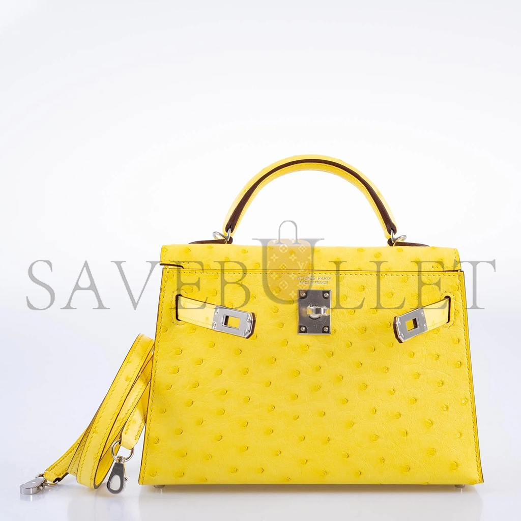 HERMÈS MASTER MINI KELLY II SELLIER JAUNE CITRON OSTRICH PALLADIUM HARDWARE (19*12*5.5cm) 